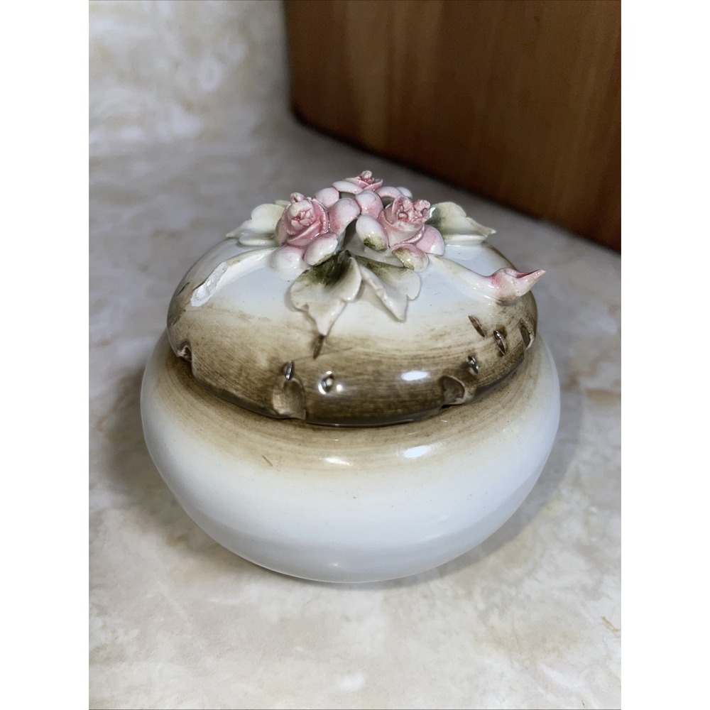 Vintage Capodimonte porcelain round trinket box intricate multi rose design